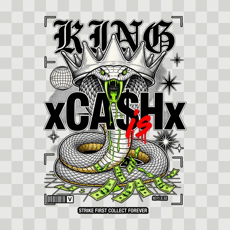 The xCA$Hx Cash is King cobra artwork on its own, cut out on a transparent background