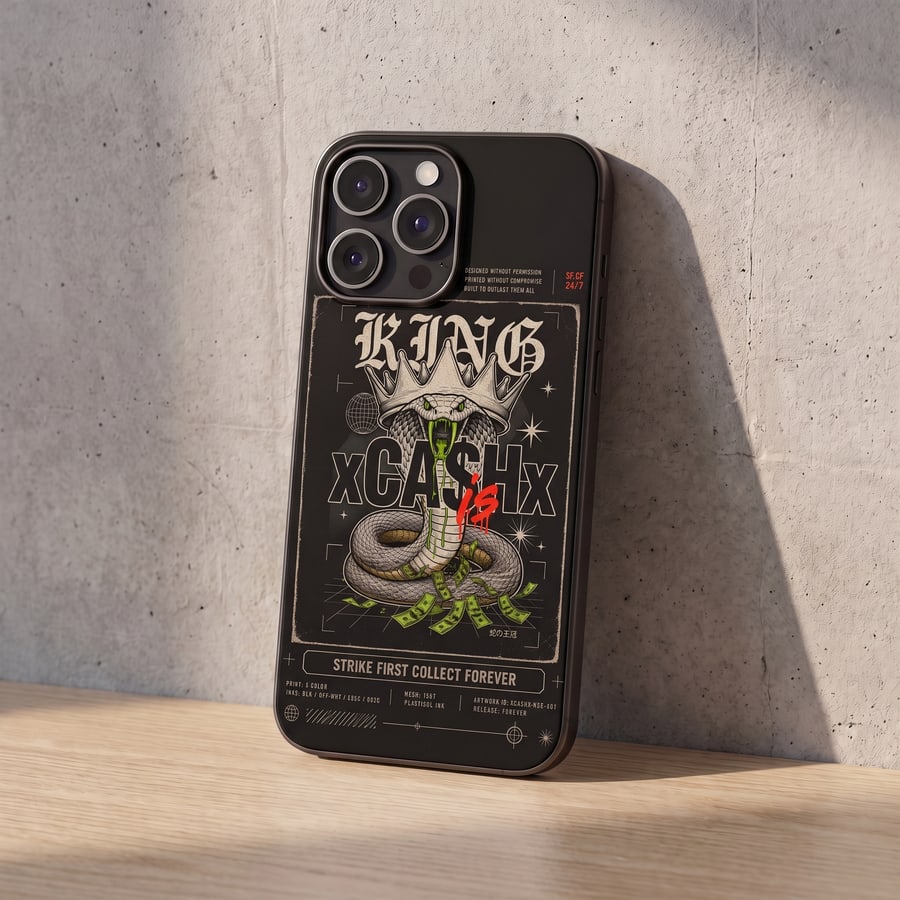 Matte black iPhone 16 Pro Max case printed with the xCA$Hx KING cobra design