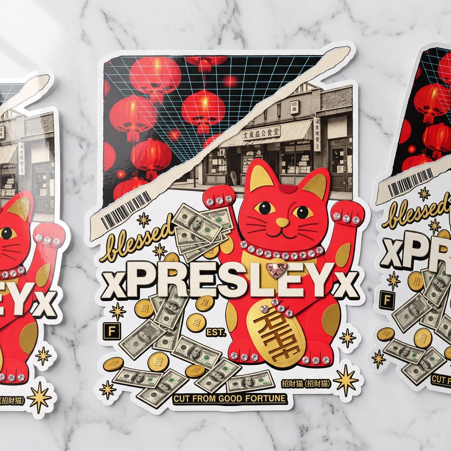 Die-cut vinyl stickers of the xPRESLEYx lucky cat design