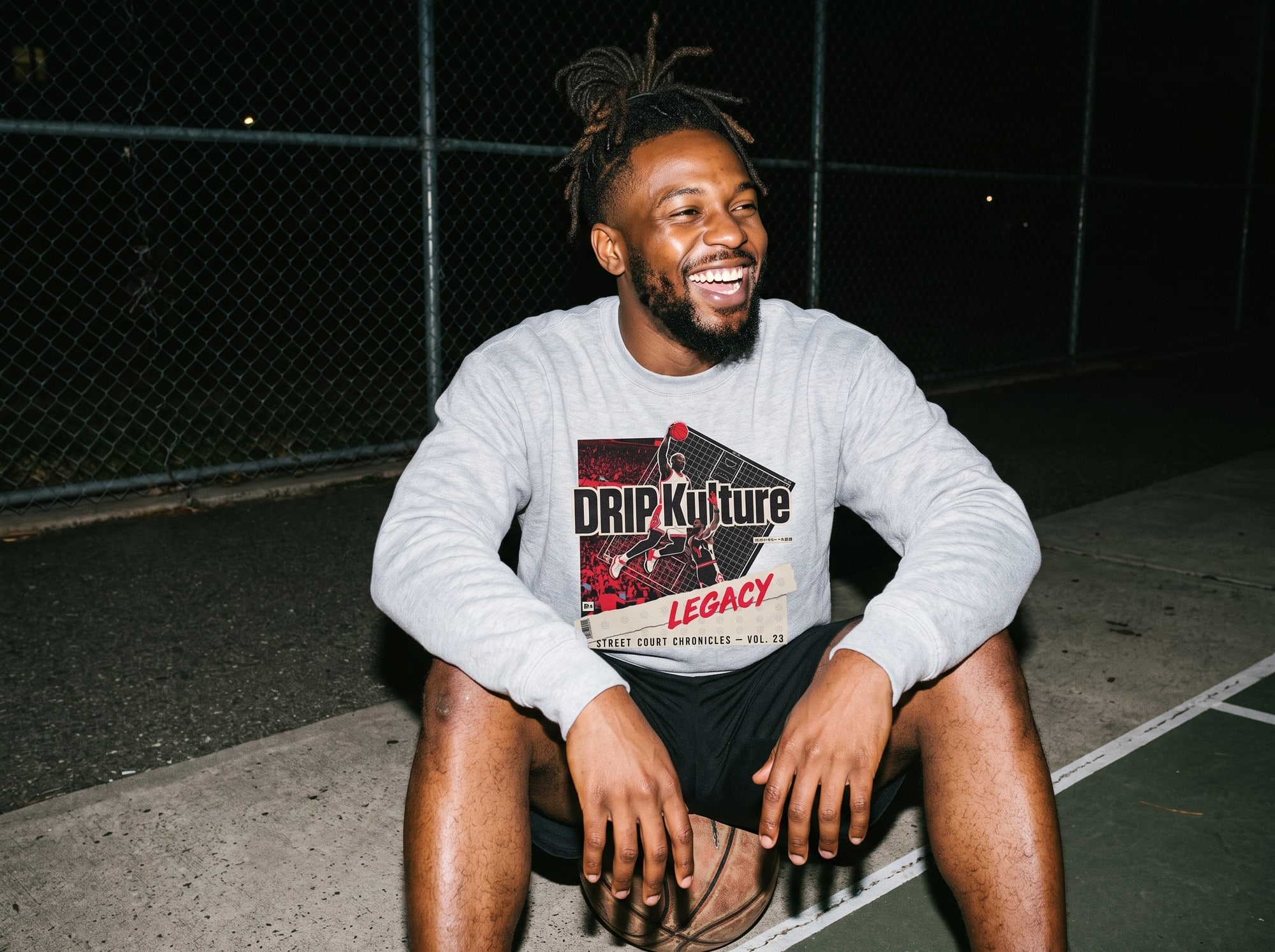 Man laughing, sitting on a basketball court at night with a ball between his feet, wearing the DRIP Kulture LEGACY crewneck