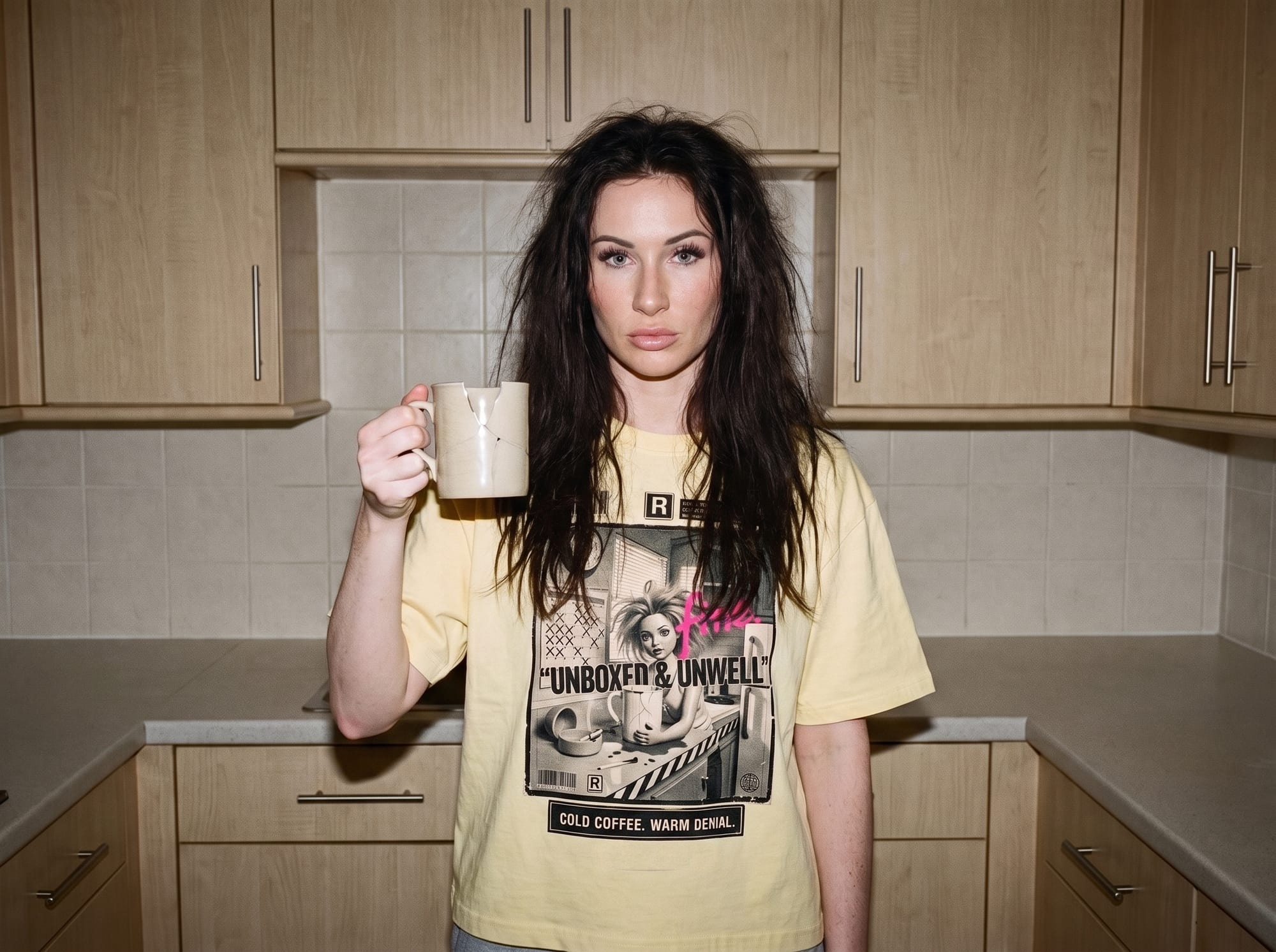 Woman in a kitchen at 2am holding a cracked mug, wearing the butter yellow Unboxed & Unwell Kitchen Counter Meltdown tee